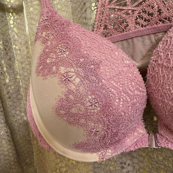 Victorias Secret Dream Angels Mauve Pink Lace Racerback Front Clip Bra 32D - Picture 3 of 7